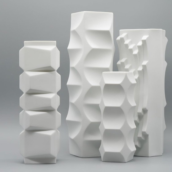 Image 1 of HUTSCHENREUTHER Chic Biskuitporzellan ARCHAIS 4× Vasen-Set Heinrich FUCHS Op Art
