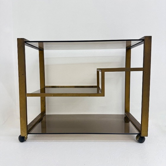 Image 1 of Barwagen aus Messing mit Rauchglas aus der Mitte des 20. Jahrhunderts, 1970er Jahre