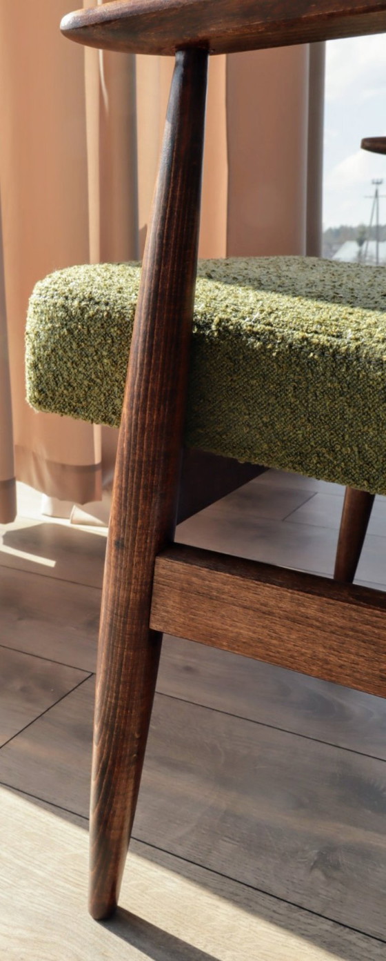 Image 1 of Mid-century moderne fauteuil in olijfgroene bouclé-stof, design van H.Lis