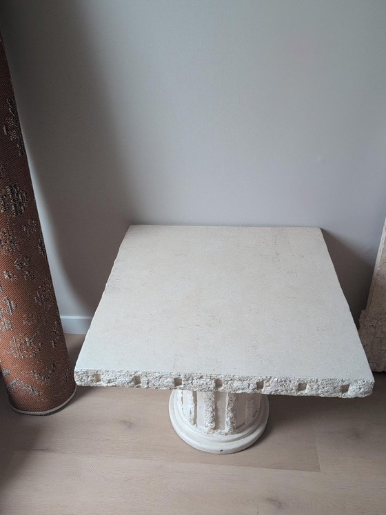 Vintage sculptural pillar table, brutalist stone look, 70 × 70 cm, Side tables, Creme (photo 3 of 6)
