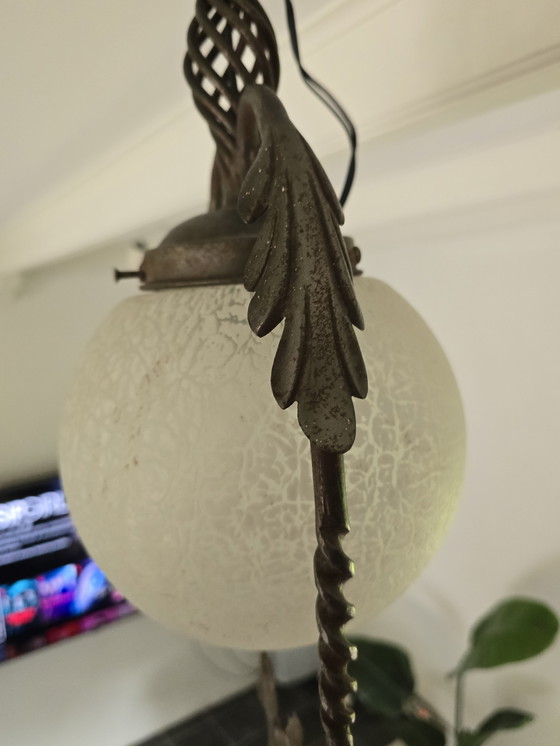 Image 1 of 🌿 Vintage Crackle-Glas & Smeedijzeren Hanglamp | Retro Statement Lamp