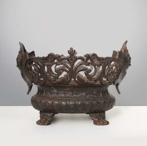 Cast Iron Planter Decorated with Masks and Lion Paws, France 1850s