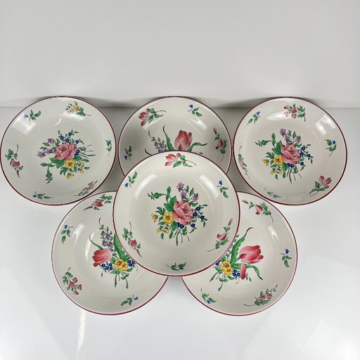 Set of 6 bowl-shaped plates, Réverbère model by KG Lunéville, tulip & rose pattern – servies, Ceramic