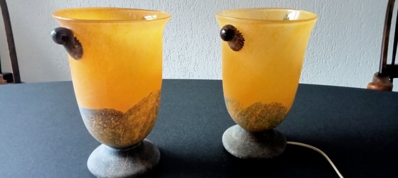 Image 1 of Lot de 2 lampes coupe en verre de Murano aux couleurs chaudes de l'automne ocre jaune vert
