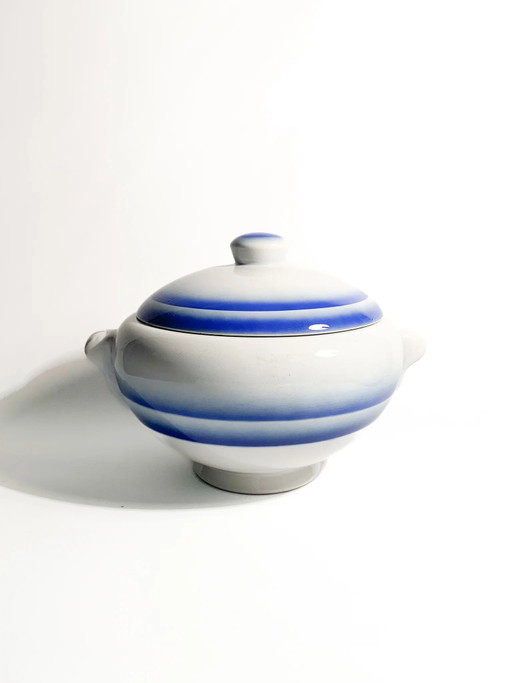 Jaren 50 Galvani Pordenone Wit en Blauw Keramiek Soepterrine Tafelstuk