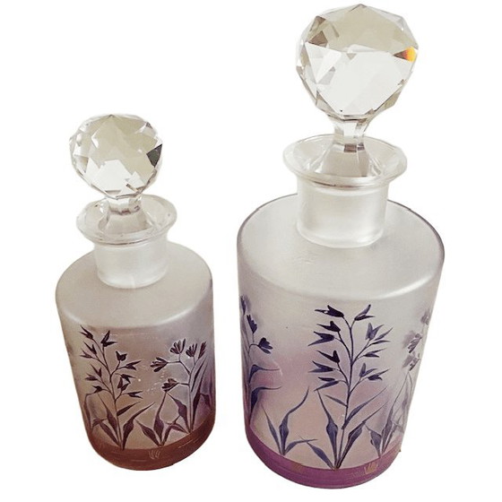 Image 1 of Antieke Moser kristal parfumflesjes set Art nouveau gebrand emaille 19de eeuw