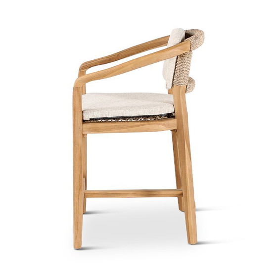 Sgabelli da bar in teak con schienale intrecciato e cuscino, 2 pezzi, Castle Line, Legno, Tessile, Beige (foto 6 di 7)