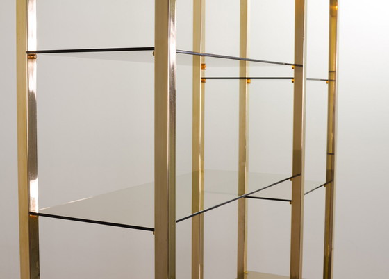 Image 1 of Belgo Chrom Hollywood Regency Style Black Lacquered Shelving Unit 20-Carat Gold Plated with Smokey Glass, Belgium, 1970s