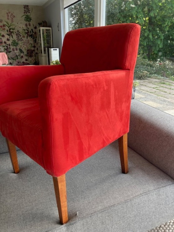 Image 1 of Two chairs, cherry wood with red fabric, dining room or side table