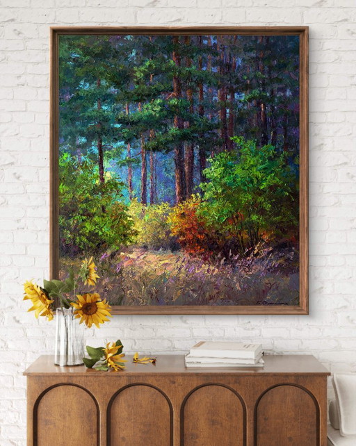 Original Oil Painting Nature Landscape The Beginning Of Autumn In The Forest – schilderijen tekeningen, Canvas (photo 2 of 8)