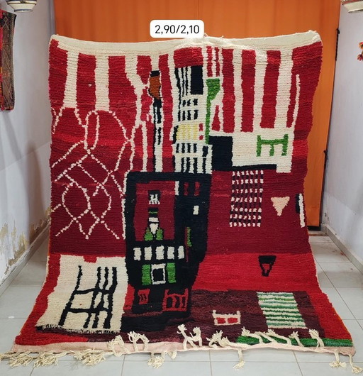 Authentique tapis Boujaad marocain fait main 290 × 210 cm – Tapis berbère rouge à motifs abstraits en laine – Tapis marocain vin