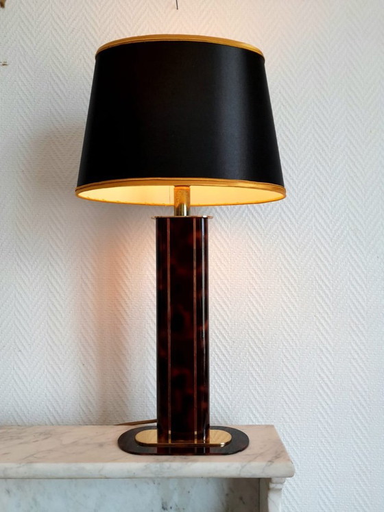 Image 1 of Black and gold Hollywood Regency tortoiseshell lamp