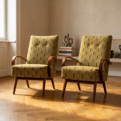 Restored Bentwood Armchairs by Jaroslav Šmídek, Pair, Czechoslovakia, New Beige & Yellow Upholstery, 61 × 82 × 81 cm
