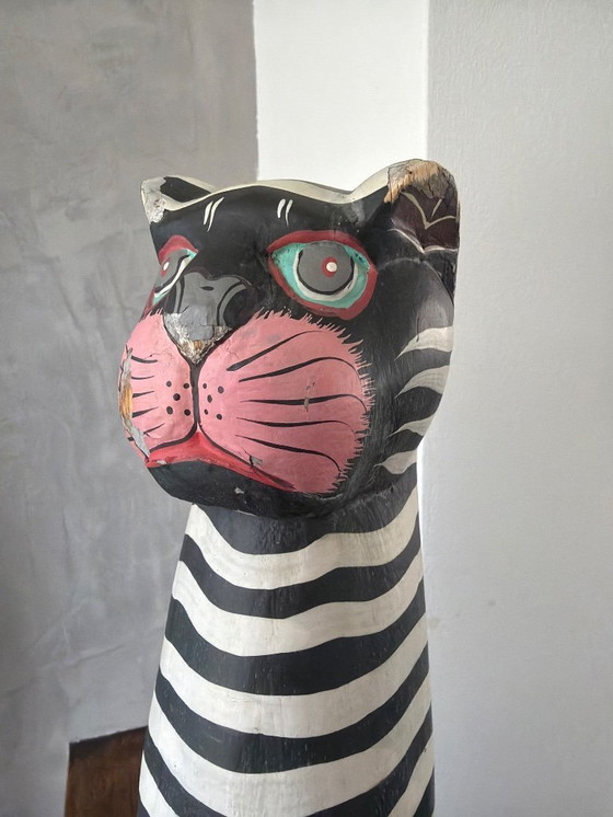 Image 1 of Vintage houten kat zwart wit 46cm hoog