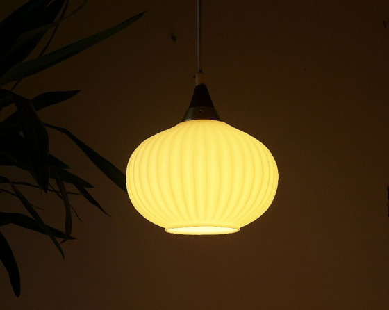 Image 1 of Vintage hanging lamp Danish design opal glass lamp teak 60s 70s