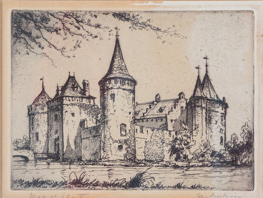 Fine line etching by the Dutch graphic artist Jan Poortenaar