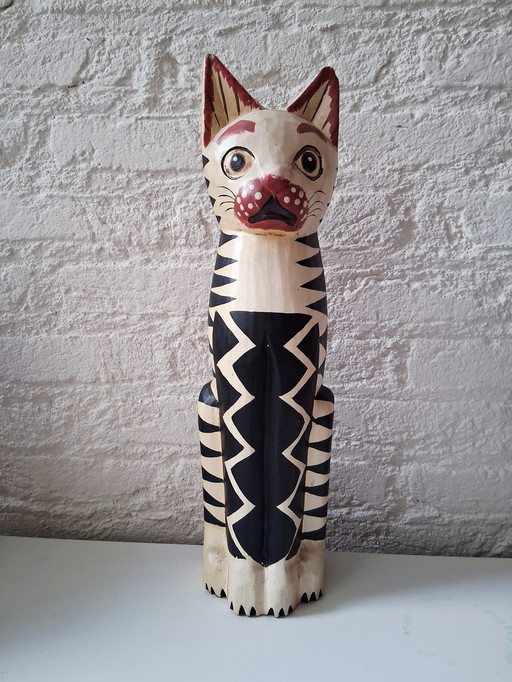 Gatto di legno vintage, fatto a mano, arte popolare