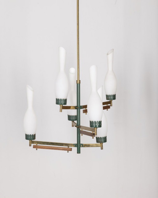Lustre Vintage 1950S en Métal Vert, Laiton et Verre Design Italien