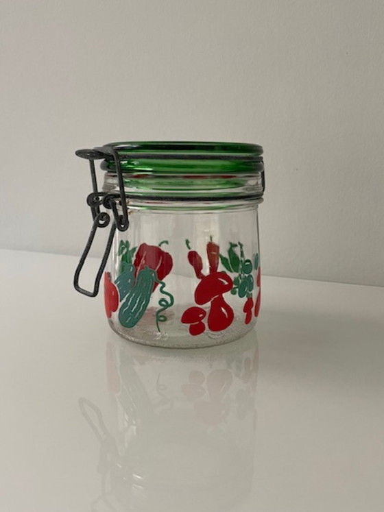 Image 1 of Bocal à conserve vintage en verre Carlton avec motif de légumes rétro