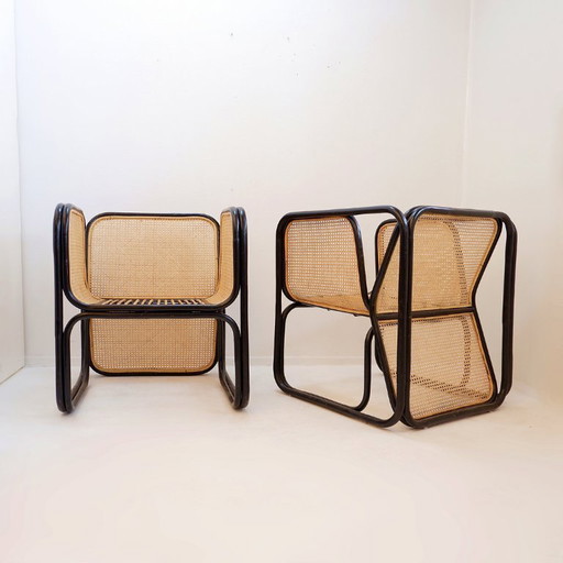Pair of designer armchairs in bentwood and wicker, Jan Bocan style