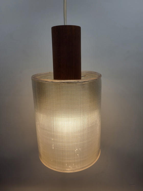 Image 1 of Lampe pendante vintage, style scandinave, bois et plexiglas gaufré, années 1980