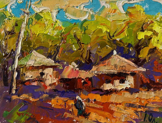 Image 1 of Original Oil Painting Autumn Village Landscape Warm evening sun sets over the horizon
