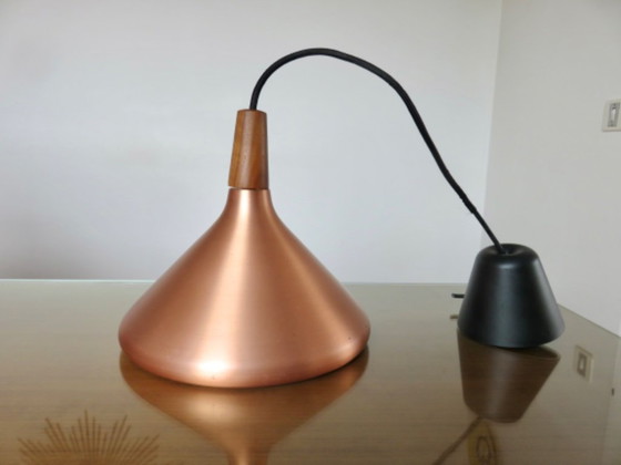 Image 1 of Scandinavian copper and wood pendant light from the 80s