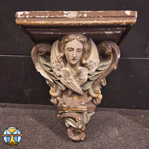 Console d'église ancienne en plâtre avec ange (H48cm) / Console d'église ancienne avec ange en plâtre