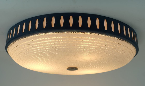 Image 1 of rare large mid century modern CEILING LIGHT by hillebrand 1960s flush mount textured glass blue metal frame
