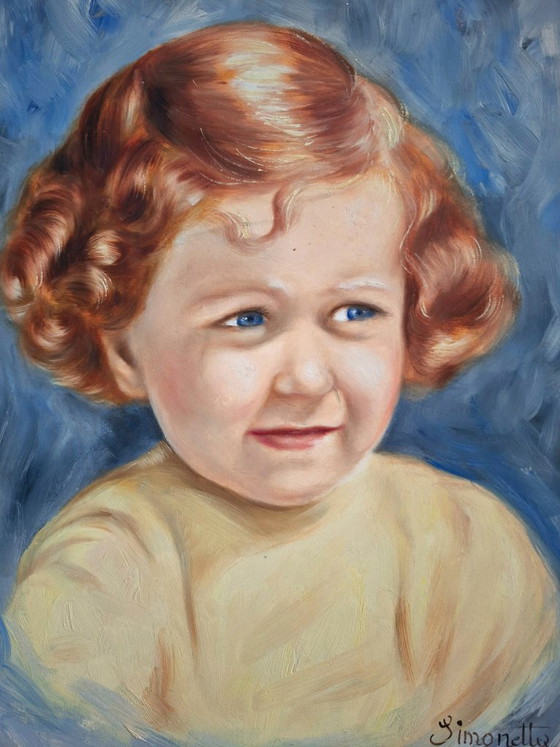 Image 1 of Dipinto ad olio su tavola, firmato, con ritratto di una ragazza dai capelli rossi – Decorazione d'epoca 1940-1950