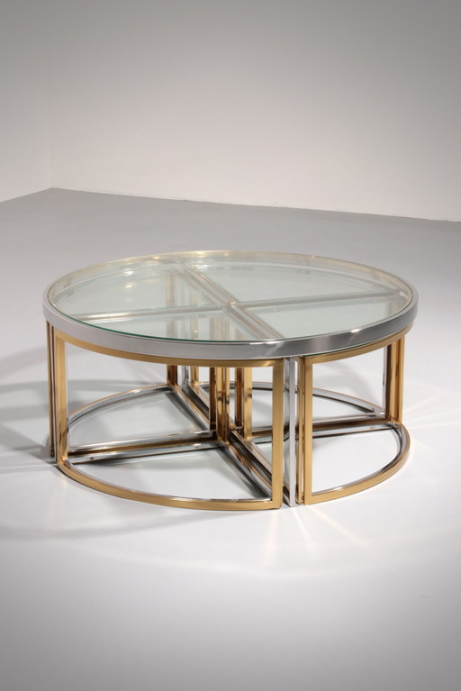 Table basse Maison Charles en laiton, chrome et verre Elégante des années 1970