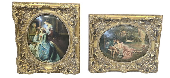 Image 1 of Pair of Oils on Canvas of the 18th Century Romantic Scenes Signed