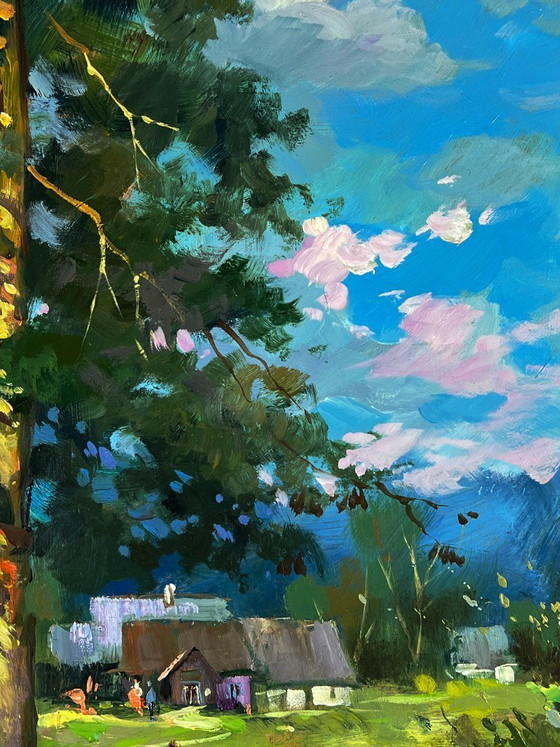 Image 1 of Original Oil Painting Nature Landscape Countryside Swamps near the Village