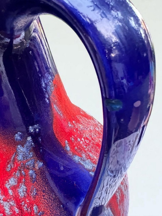 Image 1 of Rarità! Grande vaso d'epoca Dümler&Breiden, modello 313/50, brocca in ceramica lavica rossa-blu con manico