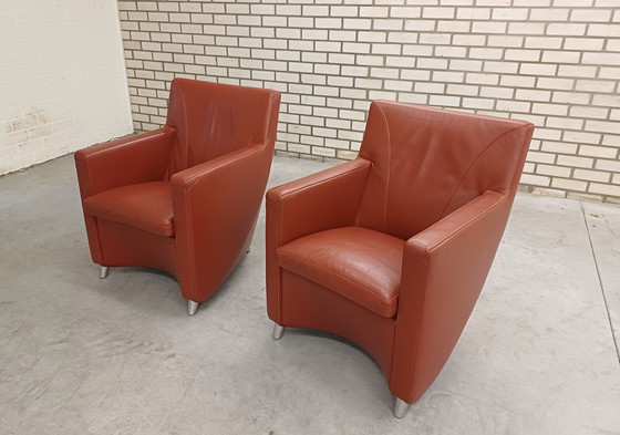 Image 1 of Leolux Dolcinea Sessel (2 Stück) Leder Senso 4100 Rust Alu poliert Stuhlbeine