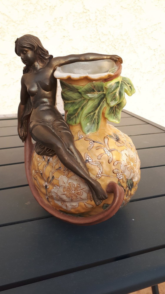 Image 1 of Brocca Art Nouveau - 1895 - Ceramica e bronzo patinato