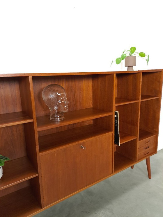 Image 1 of Danish teak wide LP cabinet with shelves, drawers and bar with mirror