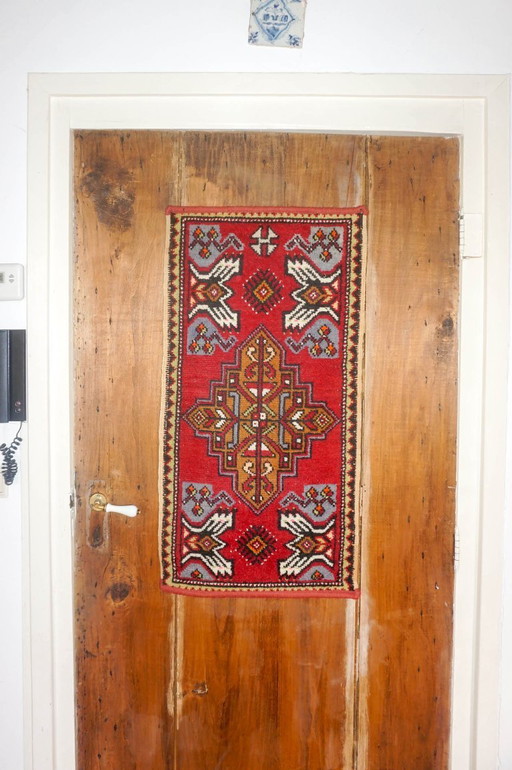 vintage turkish anatolian rug * tribal geometric wool rug * red small runner * village carpet * folk art textile