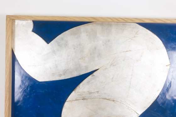 Image 1 of Silver bas-relief panel "The Acrobat" on a blue background. Contemporary.