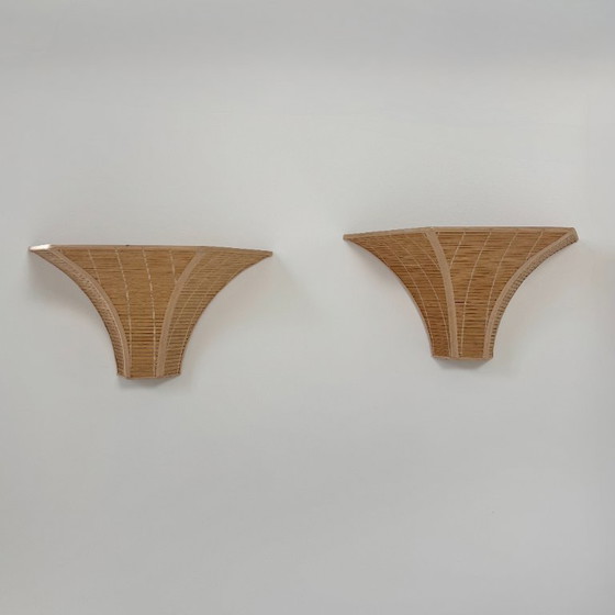 Image 1 of Pair of vintage wall sconces, wooden slats, France, 1980