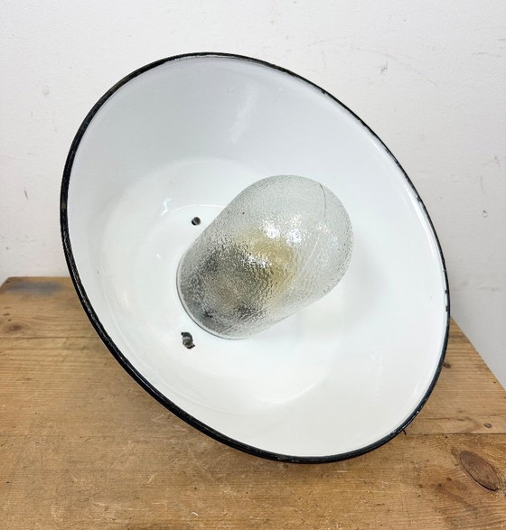 Image 1 of White Enamel and Cast Iron Industrial Pendant Light with Glass Cover, 1960s