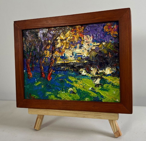 Original Oil Painting Autumn Park Landscape City autumn park