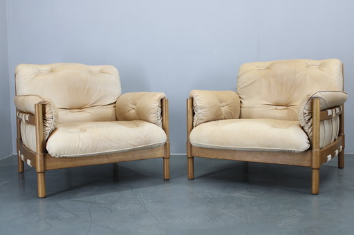 1960s Pair of Oak Scandinavian Armchairs in Fine Leather Upholstery
