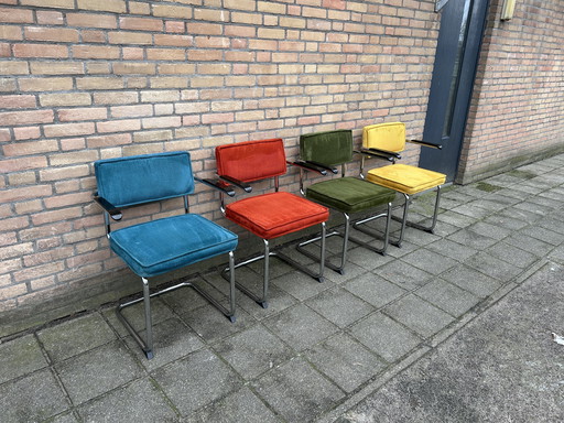 4 Ribbed Armchairs with Chrome Tubular Frame