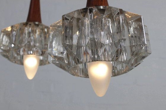 Drievlammige plafondlamp in ebbenhout en glas vintage lamp – Hanglampen, Crystal, Scandinavian (photo 7 of 11)