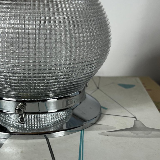 Small round Holophane prismatic glass wall or ceiling light with stainless steel base, Table lamps, Chrome (photo 3 of 9)