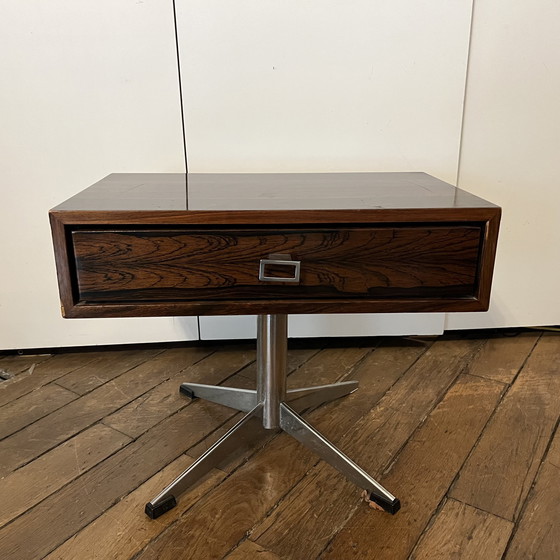 Image 1 of Vintage Rosewood Bedside Table - 70's - Chromed Metal Legs - Scandinavian Style - 1 Drawer - Minimalist Design