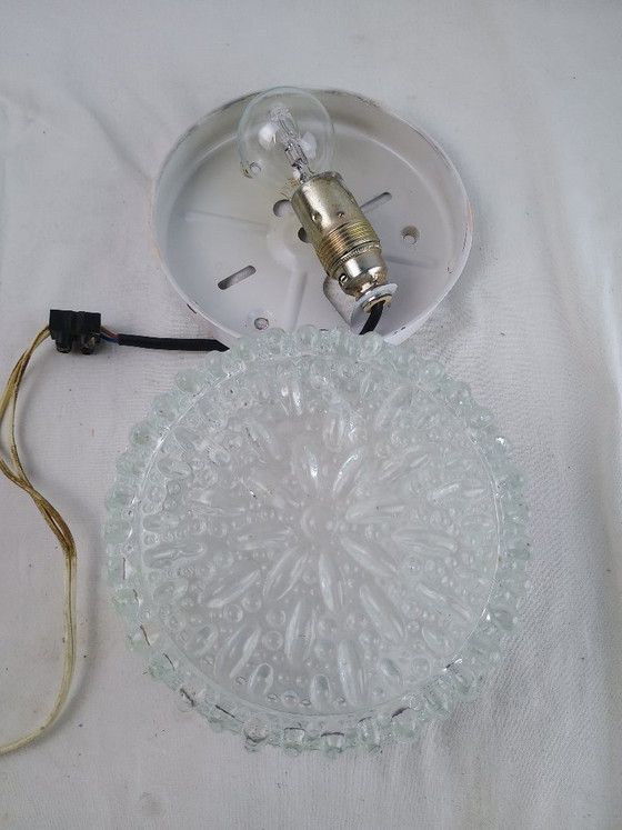 Image 1 of Vintage Glashütte Limburg 1960s Pressed Glass Ceiling Light - Textured Clear Glass Flush Mount Wall Sconce German Mid-Century