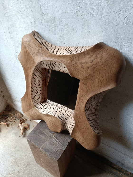 Image 1 of Carved and textured solid oak mirror