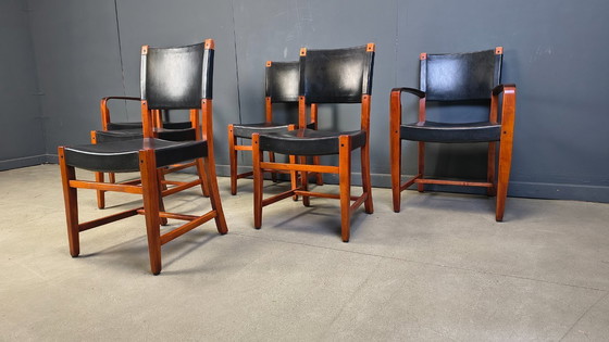 Image 1 of Vintage Spaanse eetkamerstoelen van leer en hout, set van 6 - jaren 70